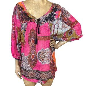 One World Sheer BOHO Peasant Top Embroidered Neck Tassel Tie XL Pink #84M